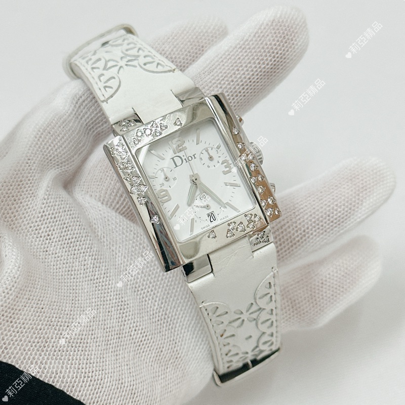 莉亞精品♡ Dior白色錶帶三眼雪花鑽錶 二手美品-2