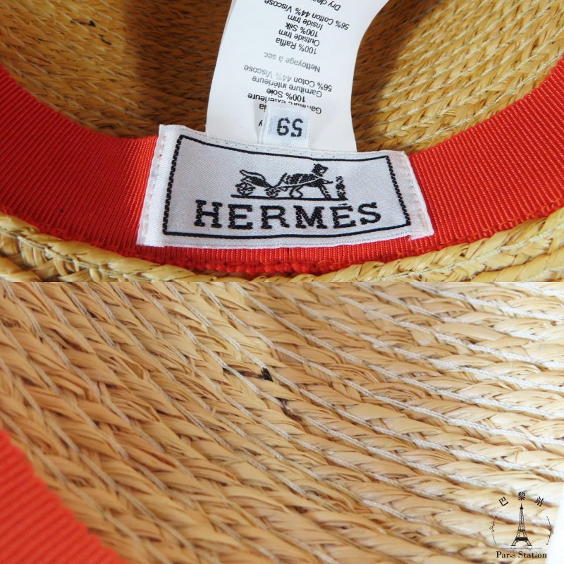 【巴黎站二手名牌專賣店】*現貨*HERMES 愛馬仕 真品*橘色系絲巾裝飾草編帽 太陽帽(59)-2