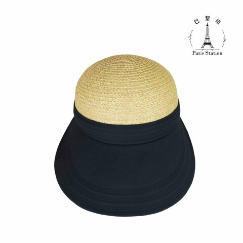 【巴黎站二手名牌專賣店】＊現貨＊HERMES 愛馬仕 真品＊黑色棉質拼接草編帽 遮陽帽(58)