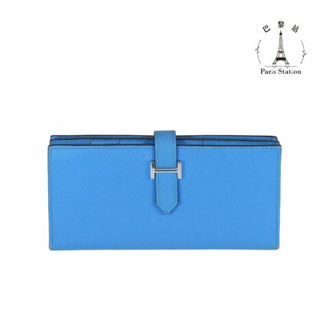 【巴黎站二手名牌專賣店】＊現貨＊HERMES 愛馬仕 真品＊T刻Bearn Soufflet藍色牛皮銀色H釦對折長夾