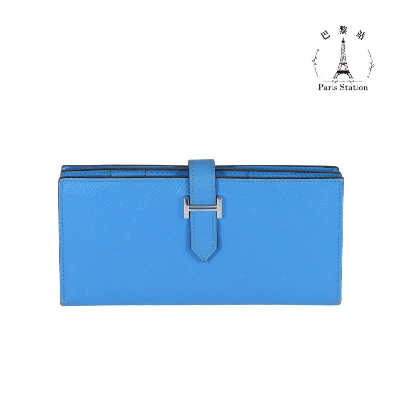 【巴黎站二手名牌專賣店】＊現貨＊HERMES 愛馬仕 真品＊T刻Bearn Soufflet藍色牛皮銀色H釦對折長夾-0