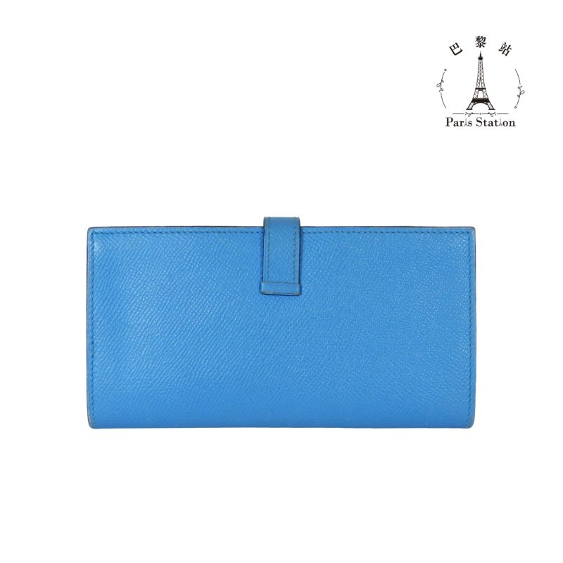【巴黎站二手名牌專賣店】*現貨*HERMES 愛馬仕 真品*T刻Bearn Soufflet藍色牛皮銀色H釦對折長夾-1