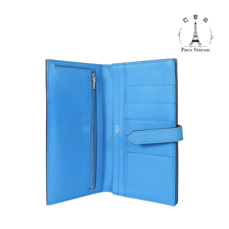 【巴黎站二手名牌專賣店】*現貨*HERMES 愛馬仕 真品*T刻Bearn Soufflet藍色牛皮銀色H釦對折長夾-3