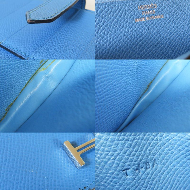 【巴黎站二手名牌專賣店】*現貨*HERMES 愛馬仕 真品*T刻Bearn Soufflet藍色牛皮銀色H釦對折長夾-7