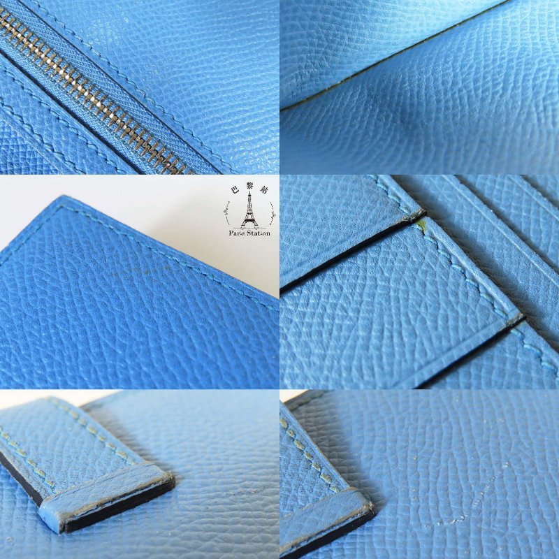 【巴黎站二手名牌專賣店】*現貨*HERMES 愛馬仕 真品*T刻Bearn Soufflet藍色牛皮銀色H釦對折長夾-8