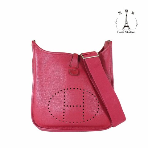 【巴黎站二手名牌專賣店】＊現貨＊HERMES 愛馬仕 真品＊🄽刻 Evelyne 29紅色小牛皮銀釦鏤空洞H LOGO肩背斜背包