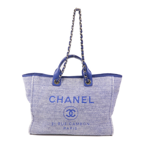 CHANEL 帆布Deauville Tote銀扣肩背袋