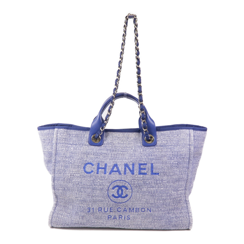 CHANEL 帆布Deauville Tote銀扣肩背袋-0