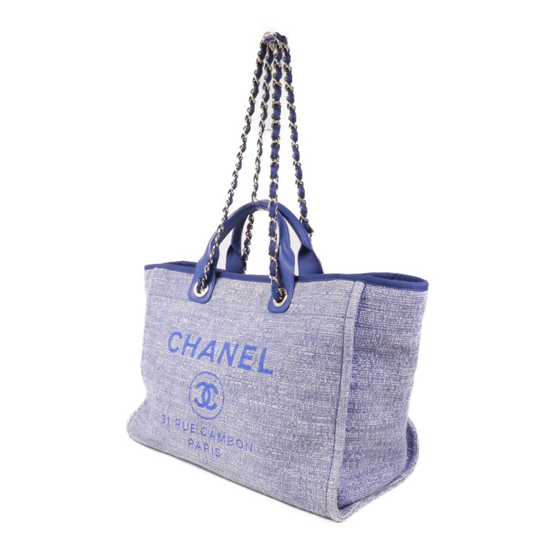 CHANEL 帆布Deauville Tote銀扣肩背袋-2