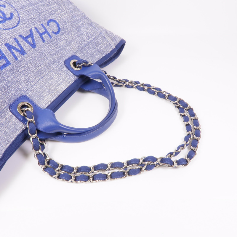 CHANEL 帆布Deauville Tote銀扣肩背袋-5