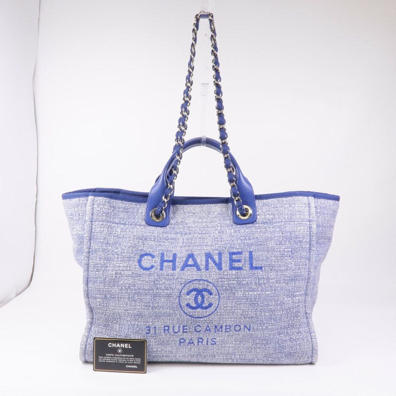 CHANEL 帆布Deauville Tote銀扣肩背袋-19