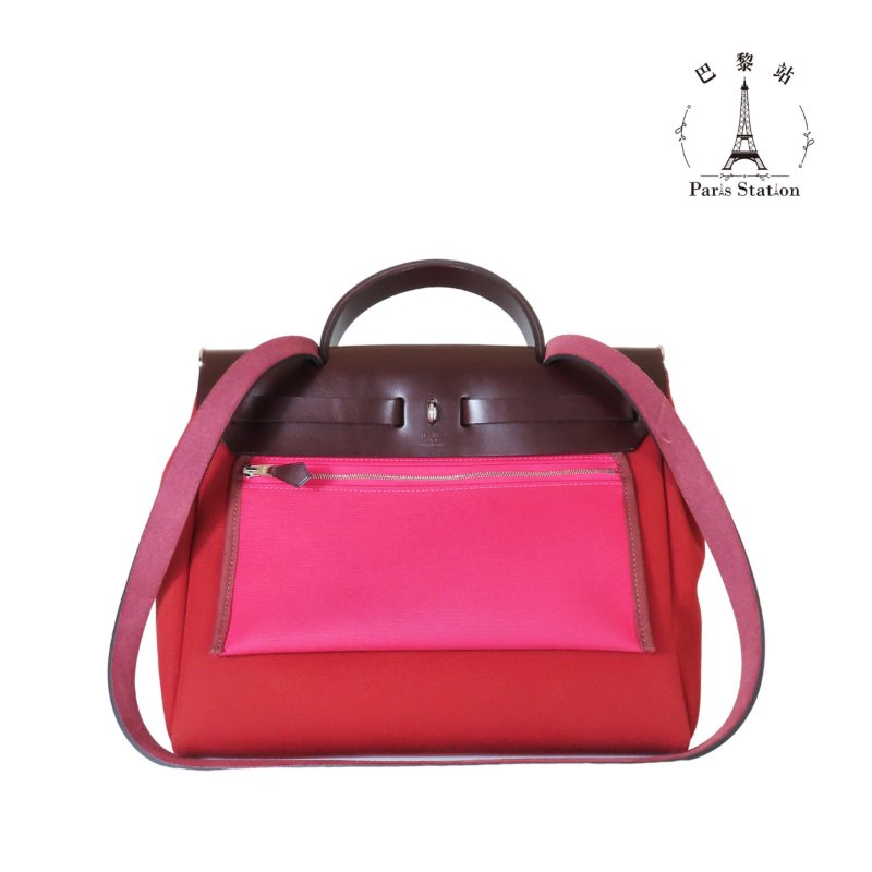 【巴黎站二手名牌專賣店】*現貨*HERMES 愛馬仕 真品*U刻HERBAG31磚紅色帆布咖啡色皮革手提肩背包-1