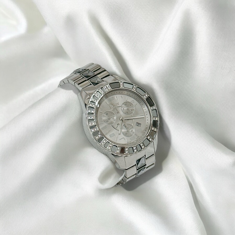 莉亞精品♡ Dior 天然鑽飾水晶三眼鑽錶 二手美品-0