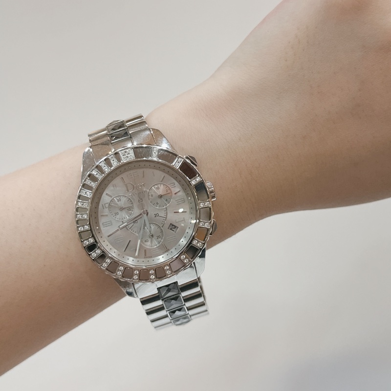 莉亞精品♡ Dior 天然鑽飾水晶三眼鑽錶 二手美品-1
