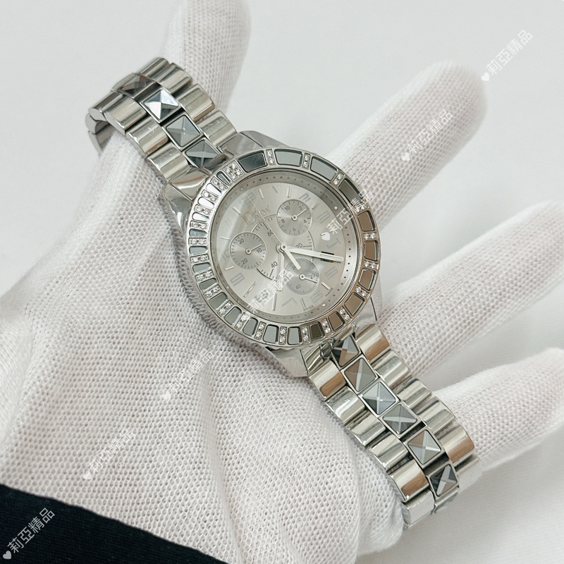 莉亞精品♡ Dior 天然鑽飾水晶三眼鑽錶 二手美品-2