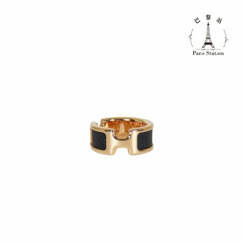 【巴黎站二手名牌專賣店】＊現貨＊HERMES 愛馬仕 真品＊BAGUE OLYMPE黑色皮革玫瑰金雙H戒指