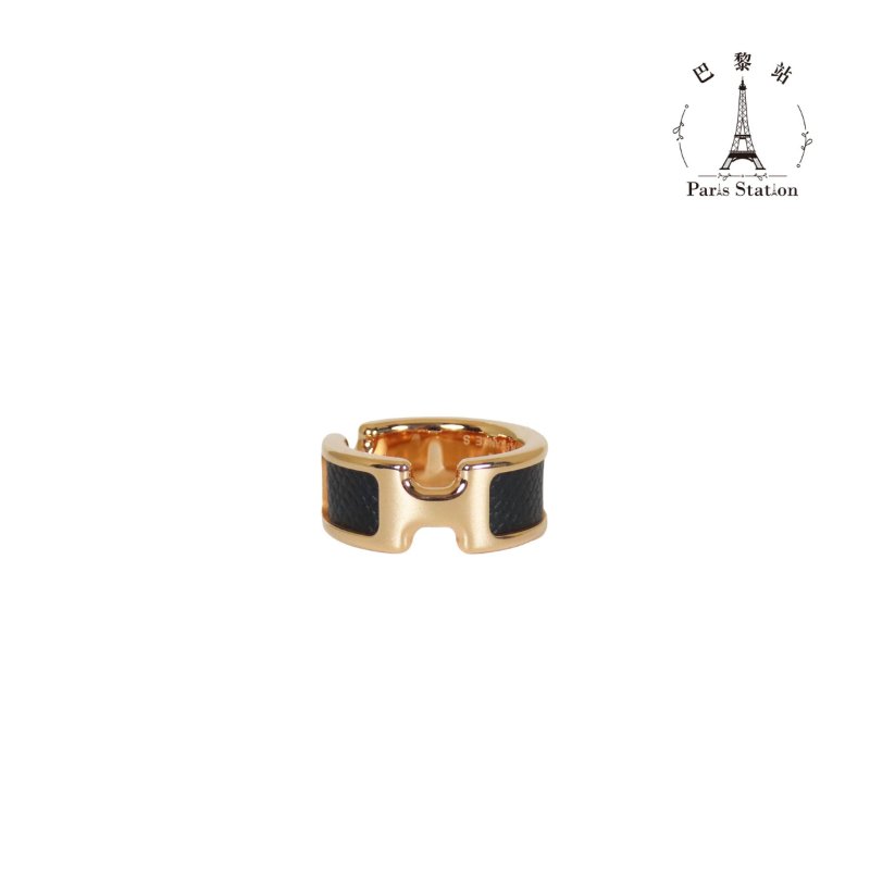 【巴黎站二手名牌專賣店】*現貨*HERMES 愛馬仕 真品*BAGUE OLYMPE黑色皮革玫瑰金雙H戒指-0