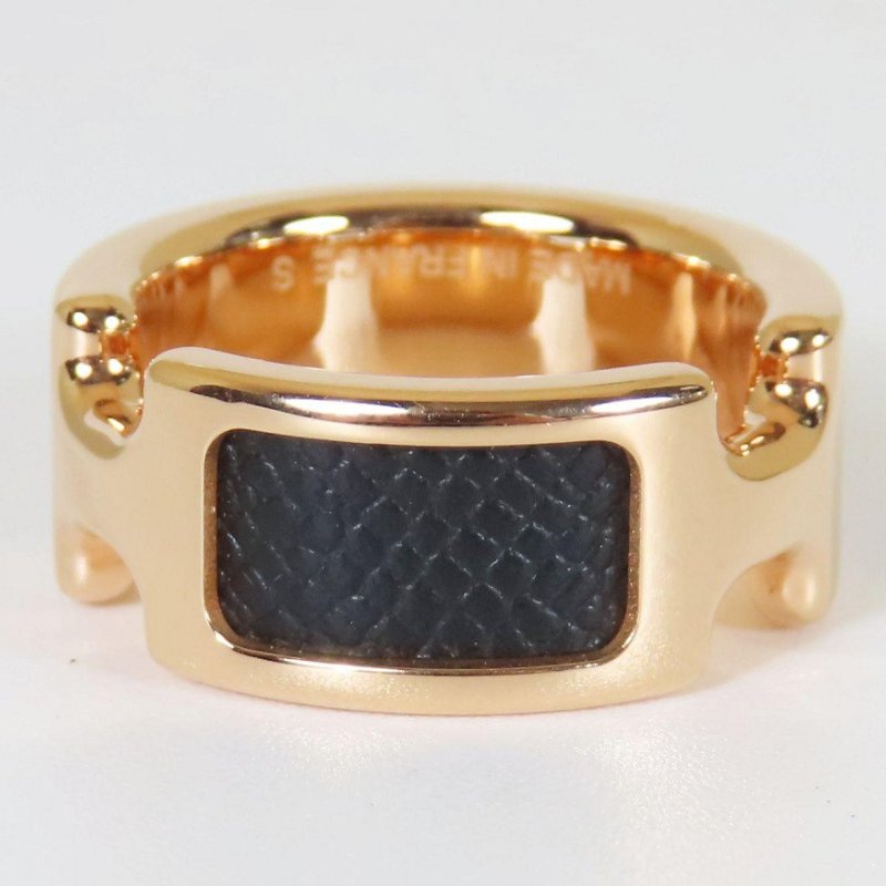 【巴黎站二手名牌專賣店】*現貨*HERMES 愛馬仕 真品*BAGUE OLYMPE黑色皮革玫瑰金雙H戒指-1