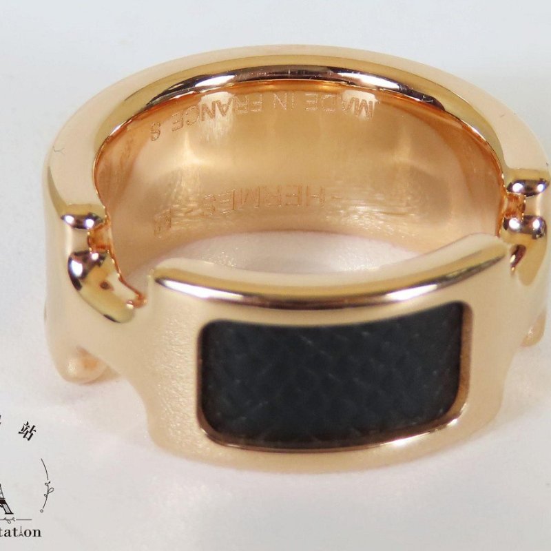 【巴黎站二手名牌專賣店】*現貨*HERMES 愛馬仕 真品*BAGUE OLYMPE黑色皮革玫瑰金雙H戒指-3
