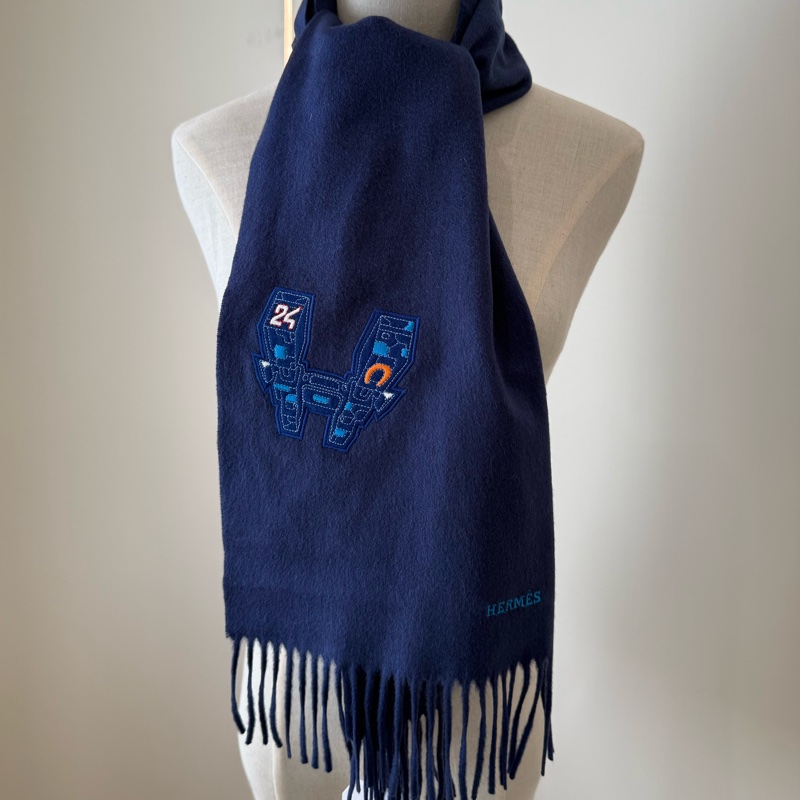 HERMES 深藍色刺繡圍巾-0
