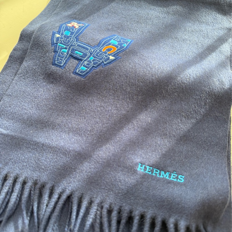 HERMES 深藍色刺繡圍巾-4