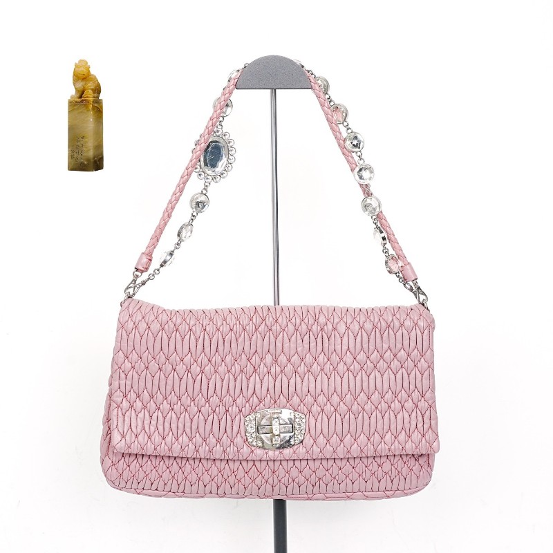 Miu Miu 粉色皺褶寶石水鑽鏈條包 肩背包-0