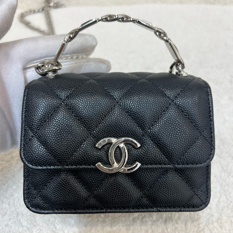 Chanel香奈兒 黑銀荔枝牛琺瑯手柄mini鏈條包小廢包-0