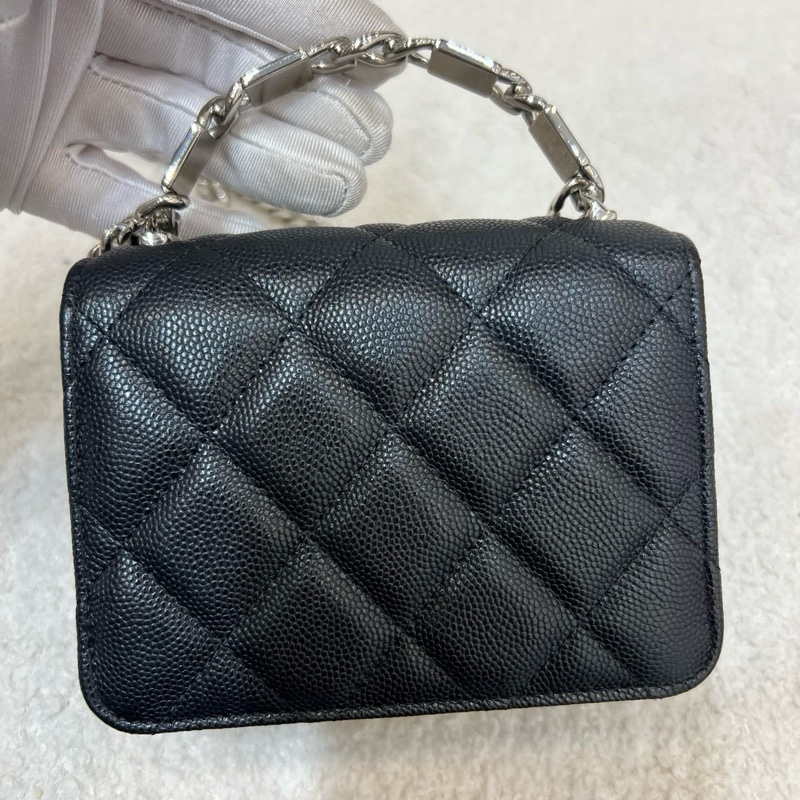 Chanel香奈兒 黑銀荔枝牛琺瑯手柄mini鏈條包小廢包-8
