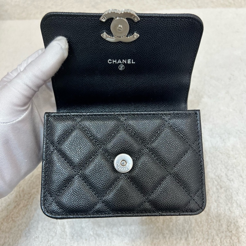 Chanel香奈兒 黑銀荔枝牛琺瑯手柄mini鏈條包小廢包-15