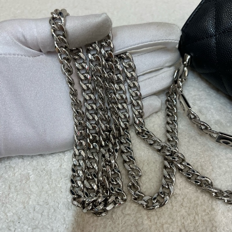 Chanel香奈兒 黑銀荔枝牛琺瑯手柄mini鏈條包小廢包-16