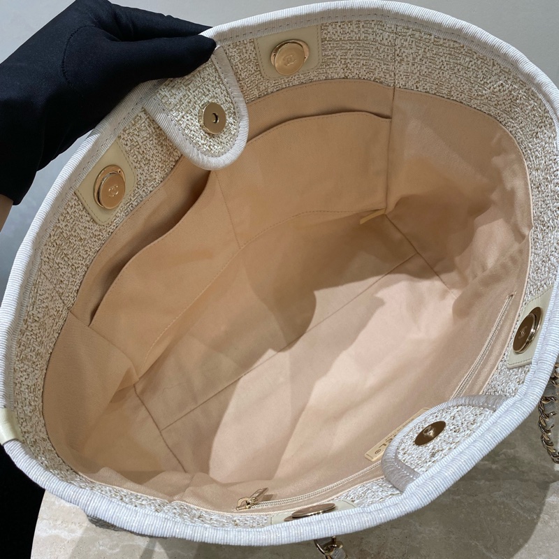 99新閒置Chanel香奈兒 米金色燙金logo編織單肩包托特包沙灘包-18
