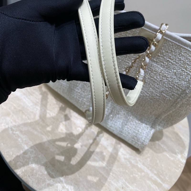 99新閒置Chanel香奈兒 米金色燙金logo編織單肩包托特包沙灘包-20