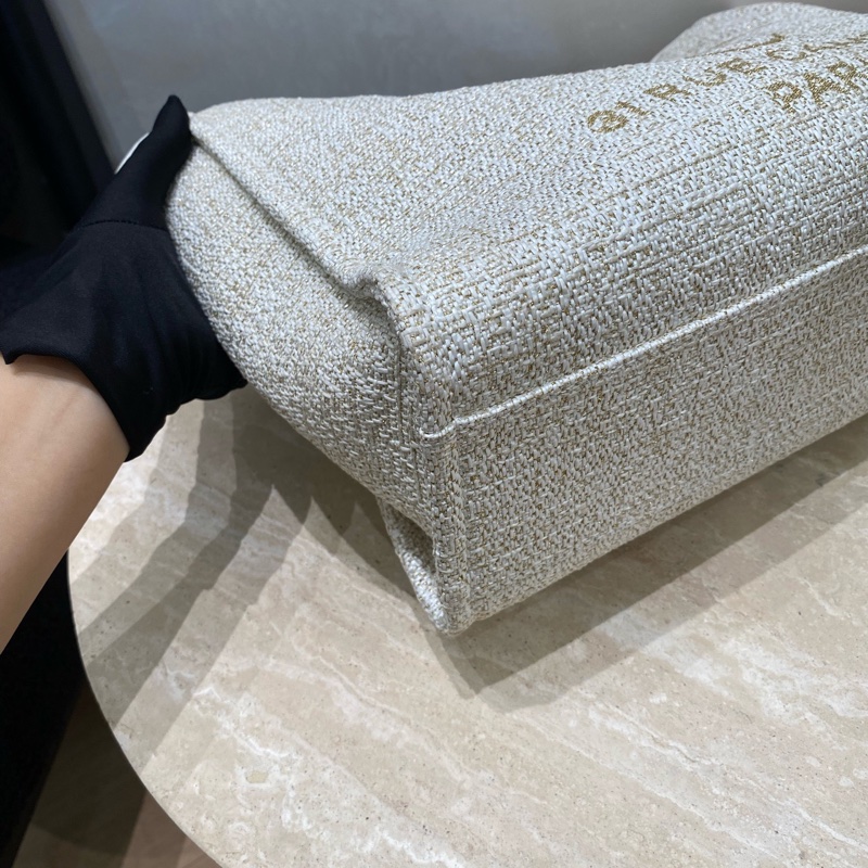 99新閒置Chanel香奈兒 米金色燙金logo編織單肩包托特包沙灘包-23