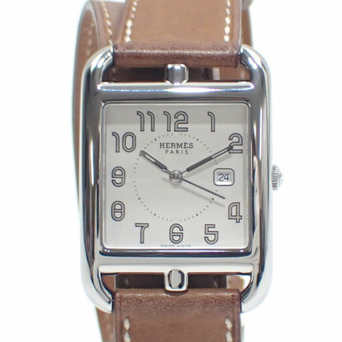 Hermès Cape Cod Double Tour 女士石英腕錶，不鏽鋼搭配皮革錶帶，CC2.710，電池供電，棕色，C2214833