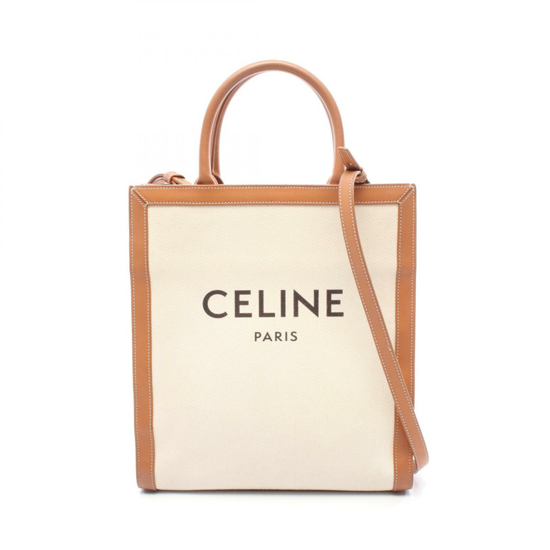 CELINE 小號 Vertical Cabas 手提包 192082BNZ 帆布皮革白棕色二手-0