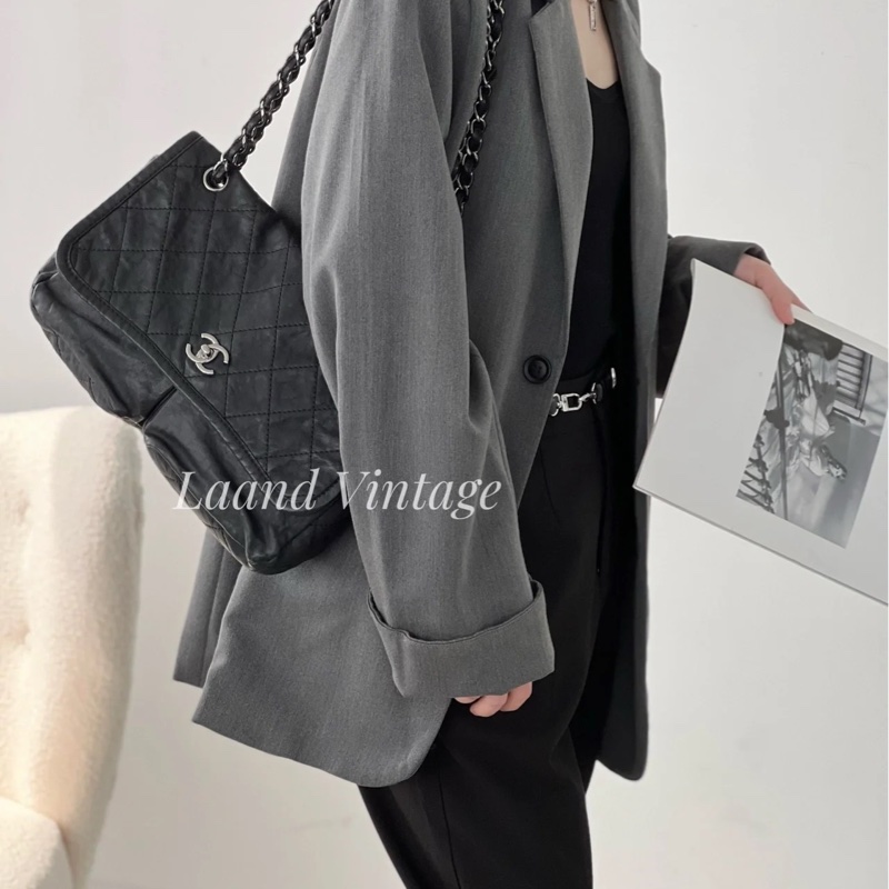 CHANEL 香奈兒 CF 黑銀 雙口袋 機場包 斜背包 肩背包 側背包 鏈條包-8