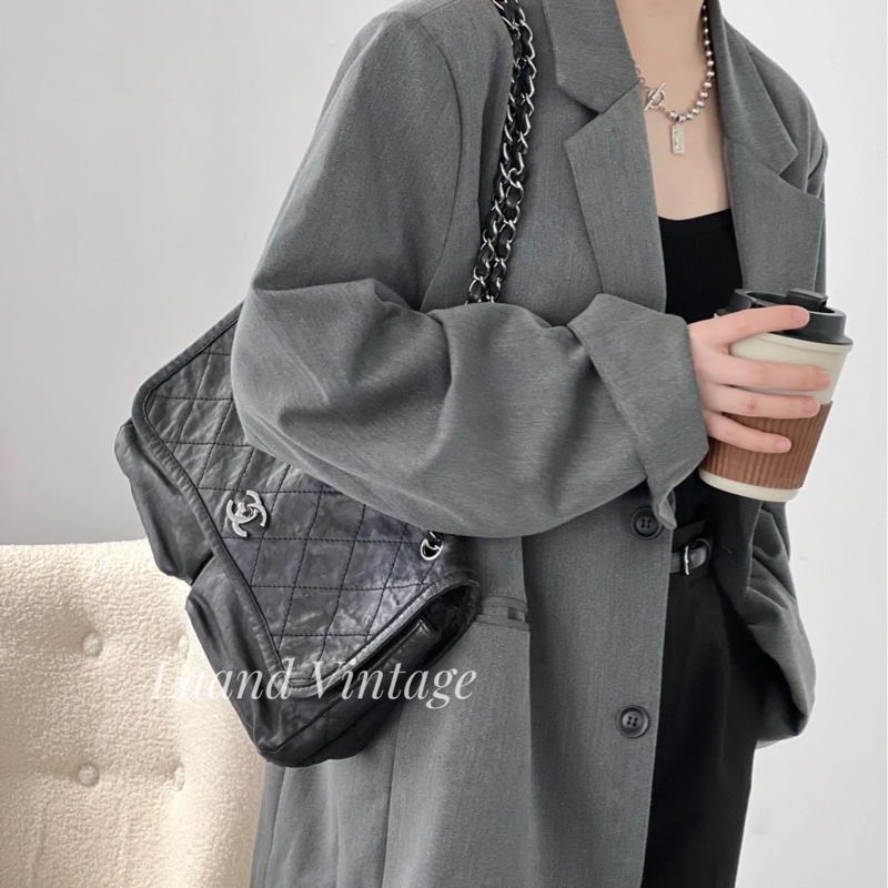 CHANEL 香奈兒 CF 黑銀 雙口袋 機場包 斜背包 肩背包 側背包 鏈條包-9