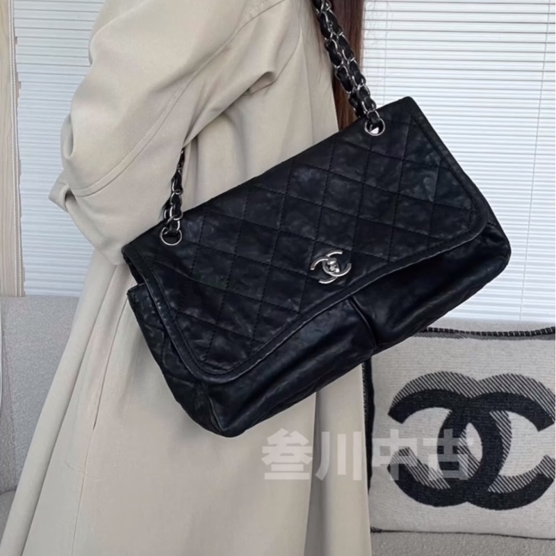 CHANEL 香奈兒 CF 黑銀 雙口袋 機場包 斜背包 肩背包 側背包 鏈條包-13