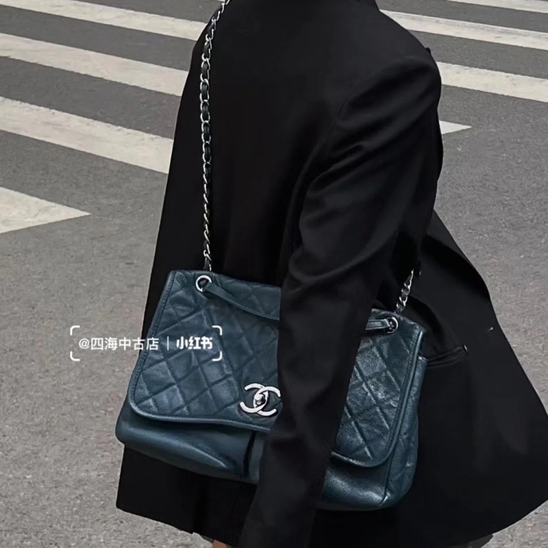 CHANEL 香奈兒 CF 黑銀 雙口袋 機場包 斜背包 肩背包 側背包 鏈條包-17