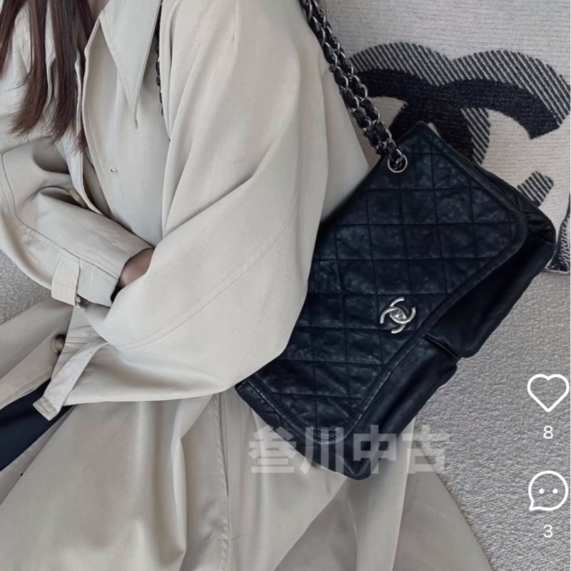 CHANEL 香奈兒 CF 黑銀 雙口袋 機場包 斜背包 肩背包 側背包 鏈條包-18