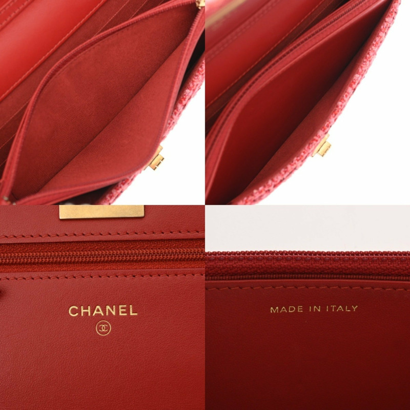 CHANEL 鏈條錢包 紅色 女士粗花呢單肩包-9