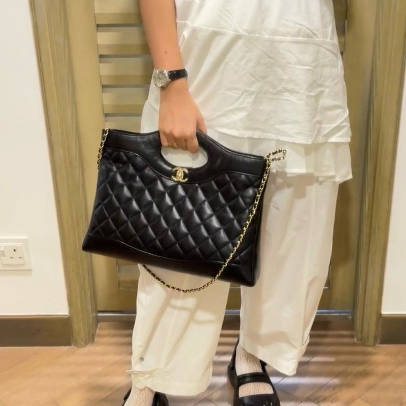 Chanel31 bag 黑金油蠟皮 横版-5
