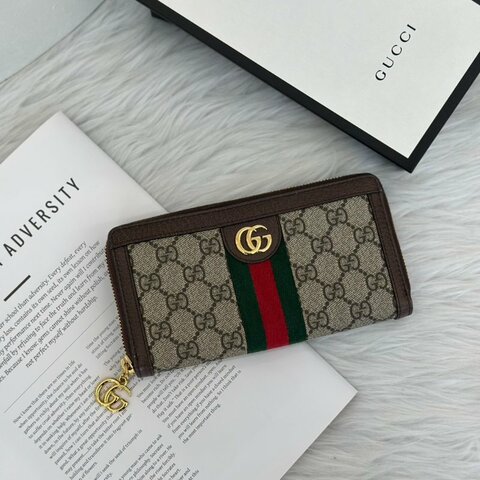 GUCCI Ophidia紅綠織帶拉鍊長夾 - 烏木
