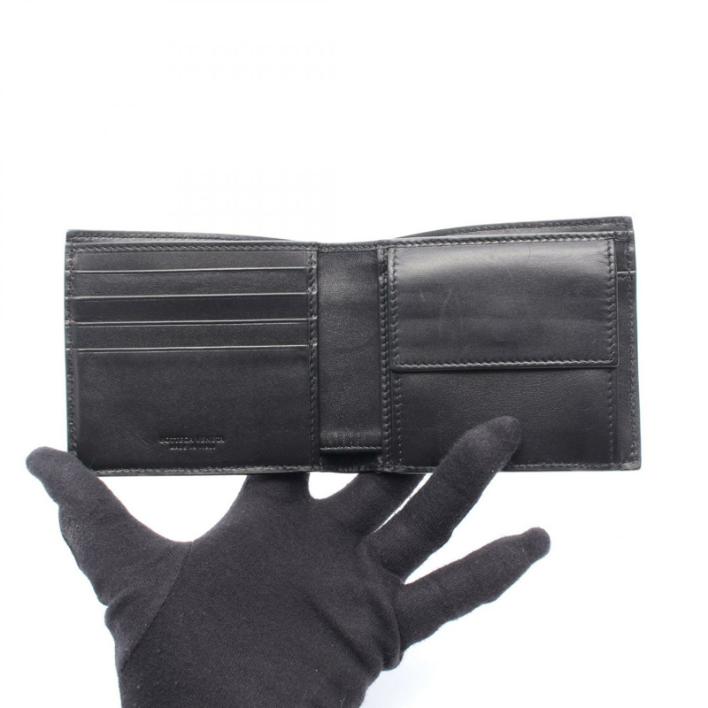 BOTTEGA VENETA Intrecciato 雙折皮夾 皮革 黑色 二手 女士-2