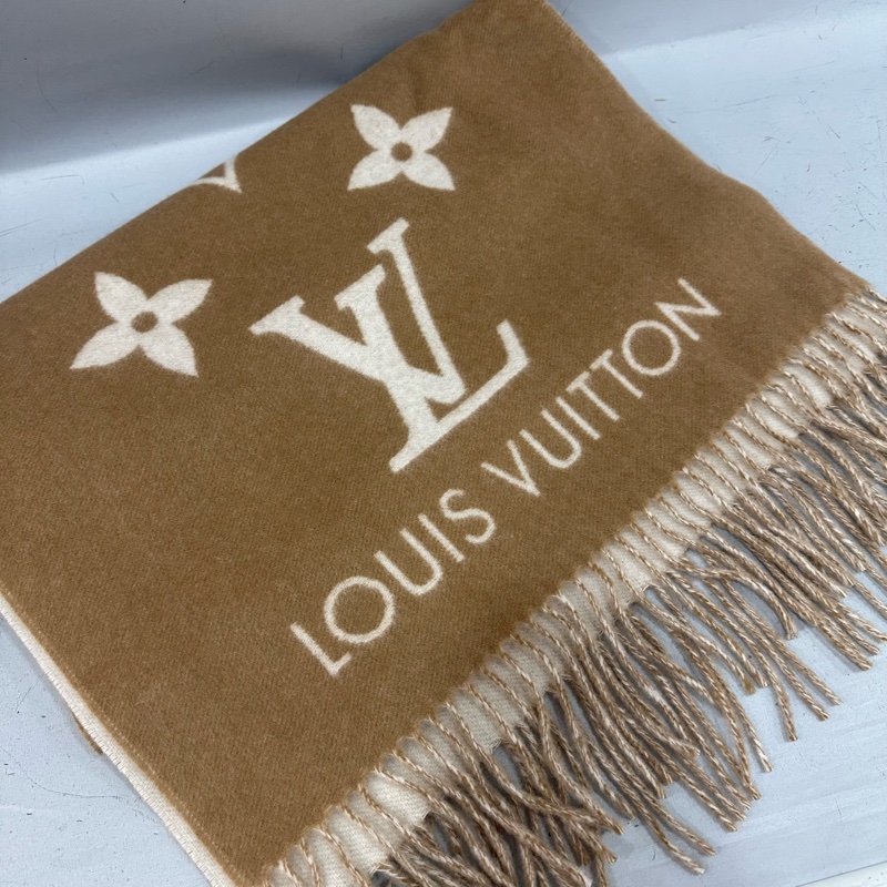 LV M76067 奶茶色拼米白色雙面羊毛圍巾 170x45-0