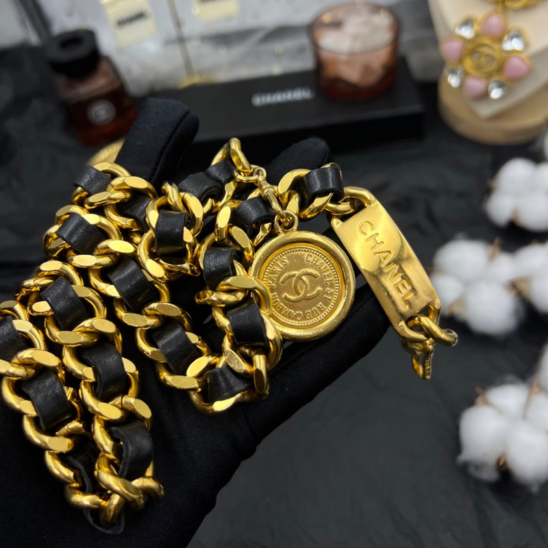 售二手 真品 CHANEL 皮穿金鏈腰帶 項鍊 萬用-0