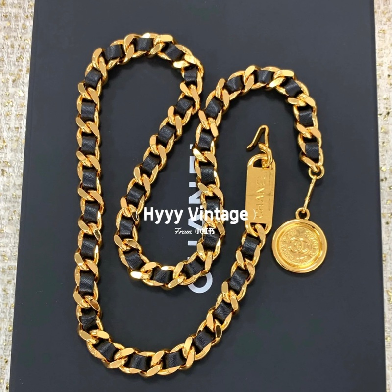 售二手 真品 CHANEL 皮穿金鏈腰帶 項鍊 萬用-1
