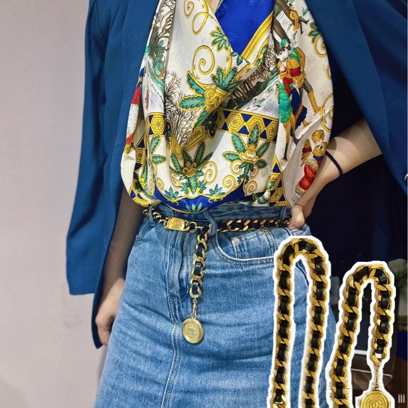 售二手 真品 CHANEL 皮穿金鏈腰帶 項鍊 萬用-5
