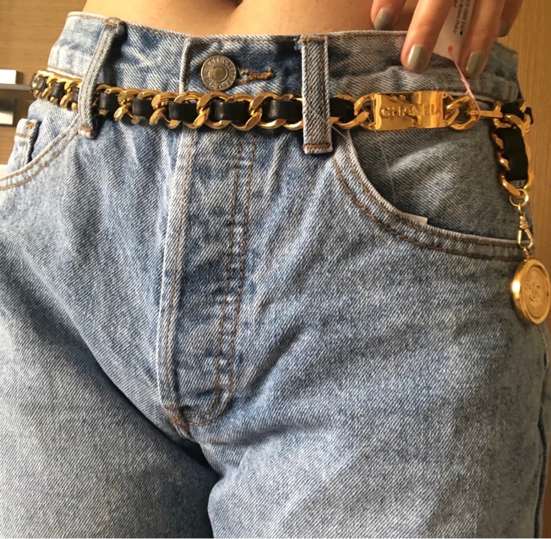 售二手 真品 CHANEL 皮穿金鏈腰帶 項鍊 萬用-6