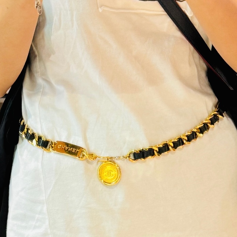 售二手 真品 CHANEL 皮穿金鏈腰帶 項鍊 萬用-7